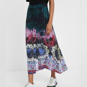 Desigual Long Lurex Flowy Artsy Abstract Floral Geometric Block Print Midi Skirt